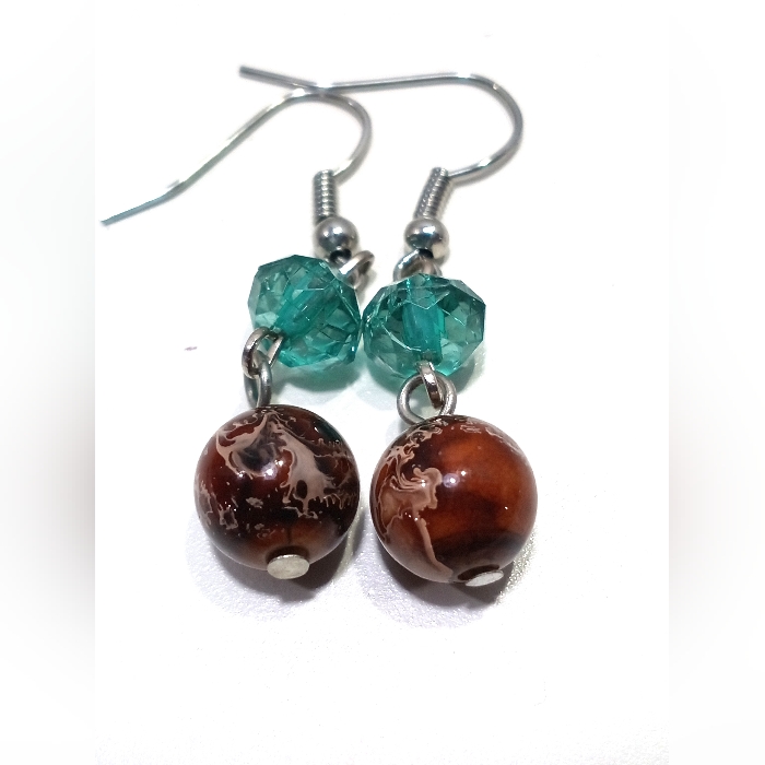 Blue And Marbled Brown Bead Dangle Earrings Silver 13$